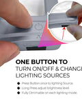 Close-up of a hand pressing the button on a 5X Large LED Page Magnifier With Detachable Stand For Hands Free Reading Anti Glare Lens Reducing Eye Strain Three Color Lighting Modes Ideal For Reading Fine Print Crafting And Low Vision Seniors.