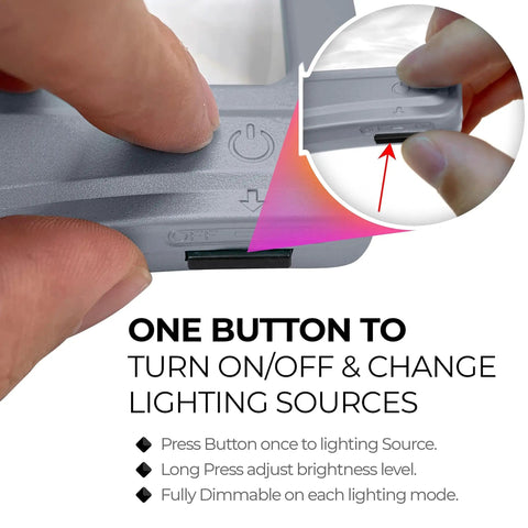 Close-up of button on Rechargeable 5X LED Page Magnifier With Foldable Stand Eye Care Anti Glare Lens 24 LED Lights 3 Color Light Modes