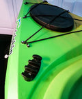 Heavy Duty Kayak Cleat Kit for Anchor and Rigging installed on green kayak deck, black nylon cleat with stainless screws for securing.