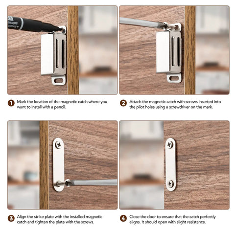 Heavy Duty 4 Pack Cabinet Magnets With 60 Lbs Concealed Magnetic Door Catch Strong Stainless Steel Latch installation on wood cabinet