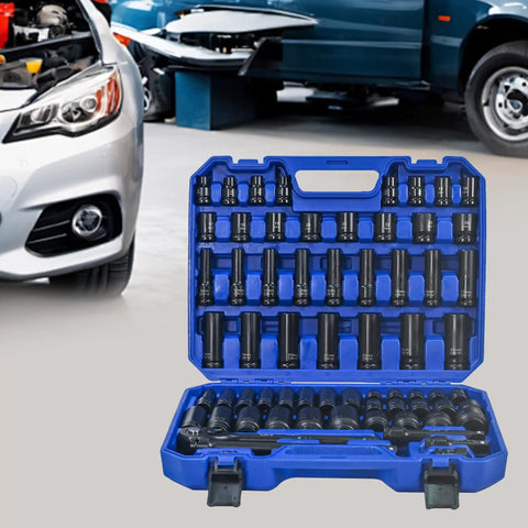 66 Piece Pneumatic Tool And Accessory Kit With Universal Long And Short Sockets Extension Rods Connectors And Ratchet Wrenches For Pro DIY And Repair Tasks Heavy Duty Black And Blue in open blue case at auto repair shop.