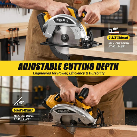 7 Inch Cordless Circular Saw Tool Only Compatible With 20V Batteries showing adjustable cutting depth features for precise cuts.
