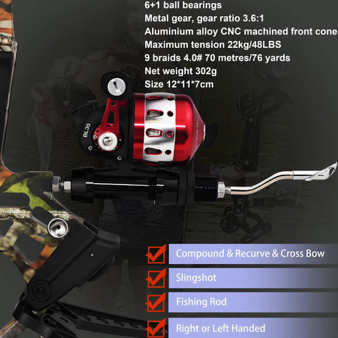 Bowfishing Spincast Reel For Slingshot Bow Left Or Right Handed 3.6 To 1 Gear 76 Yards Of 4 Lb Line 48 Lb Max Tension All Metal Construction