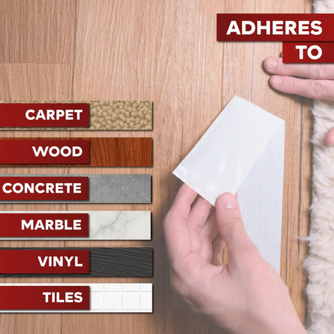 Person applying Heavy Duty Double Sided Carpet Tape For Area Rugs And Carpets, 2 Inch By 20 Yards, on hardwood floor.