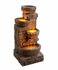 Outdoor Water Fountain With Led Lights, Cascading Bowls And Stacked Stone Look, Freestanding Floor Fountain For Patio, Garden, Balcony, Lawn Or Yard Decor, Brown Polyresin For A Chill Zen Vibe