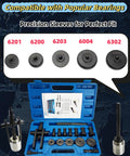 Pro Grade Bicycle Bearing Puller Kit With Two Jawed Extractor And Bearing Press showing case, collets, and compatible bearings 6200-6302