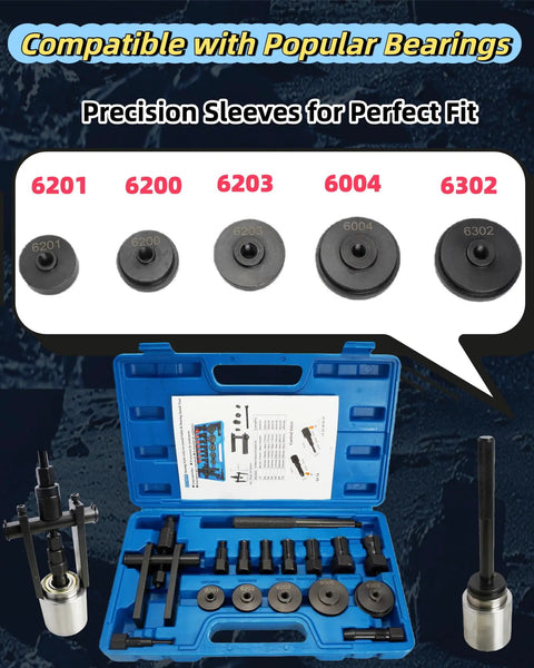 Pro Grade Bicycle Bearing Puller Kit With Two Jawed Extractor And Bearing Press showing case, collets, and compatible bearings 6200-6302