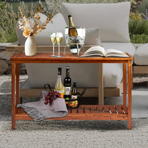 Solid Wood Outdoor Console Table With Two Tier Design For Patio Porch And Entryway Natural PU Lacquer Finish Weather Resistant All Weather Ready Two Shelf Storage Buffet And Plant Stand For Indoor Outdoor Use on patio with decorative items