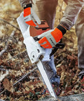 Chainsaw Protection Gloves For Left Hand Back, Cut Resistant EN ISO 11393-4 Class 0 in use with chainsaw cutting wood