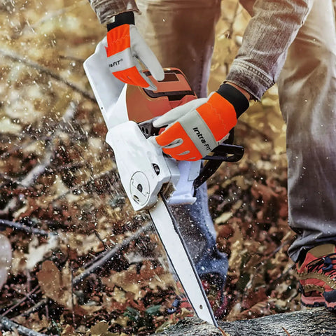 Chainsaw Protection Gloves For Left Hand Back, Cut Resistant EN ISO 11393-4 Class 0 in use with chainsaw cutting wood