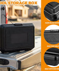 Three Piece Compact Dark Hardshell Toolbox Set Featuring Heavy Duty Waterproof Design for Engineers and Mechanics on a truck bed.