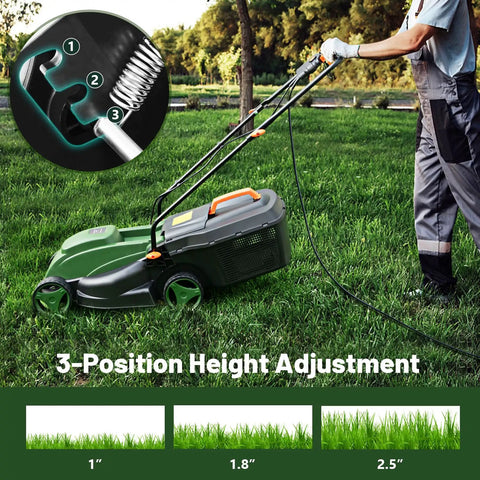 Electric Walk Behind Lawn Mower With 10 Amp Motor And 13 Inch Cutting Deck Grass Collection Bag 3 Adjustable Cutting Heights Corded Mower For Small To Medium Lawns Easy Start Go To Tool For Fast Garden Care showing 3-position height adjustment