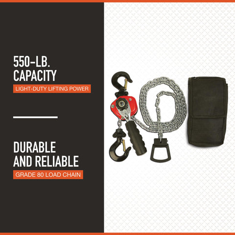Mini Lever Chain Hoist, 550 Lb Capacity, 5 Ft Lift, Lightweight Yet Rugged Steel, with Grade 80 Load Chain
