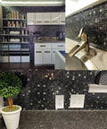 Peel And Stick Backsplash Tiles For Kitchen, Bath, And Fireplace With Plaid Glass In Starry Sky Black, 5 Sheets, 3D Metal Texture