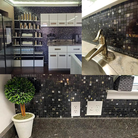 Peel And Stick Backsplash Tiles For Kitchen, Bath, And Fireplace With Plaid Glass In Starry Sky Black, 5 Sheets, 3D Metal Texture