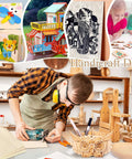 Basswood sheets 12x12x1/8 in, 36-pack for DIY crafts; collage of wood projects and a craftsman at work