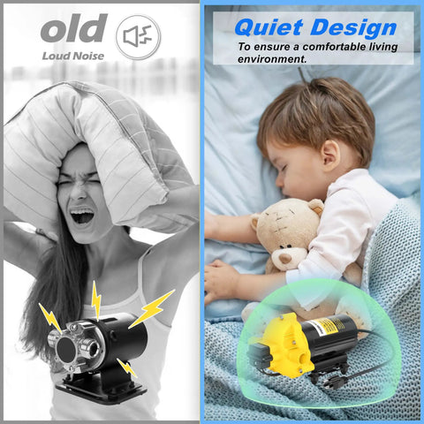 Comparison of self priming 110V diaphragm water pump for quiet operation in homes, featuring loud noise vs. quiet design.