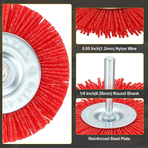 Top Shelf 12 Piece Wire Wheel And Pen Brush Set For Power Drills featuring a 0.05 inch nylon wire wheel with a 1/4 inch round shank.
