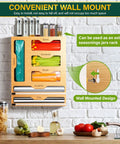 Slick Bamboo Kitchen Drawer Organizer With Plastic Wrap Dispenser And Foil Cutter, 6 In 1 Multi Size Bag Holder For Quart And Gallon Storage mounted on kitchen wall.