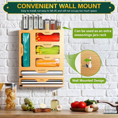 Slick Bamboo Kitchen Drawer Organizer With Plastic Wrap Dispenser And Foil Cutter, 6 In 1 Multi Size Bag Holder For Quart And Gallon Storage mounted on kitchen wall.
