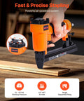 Pro Grade Pneumatic Staple Gun For Woodworking And Upholstering Projects Featuring Slick Firing 22 Gauge Design in action on wooden surface.