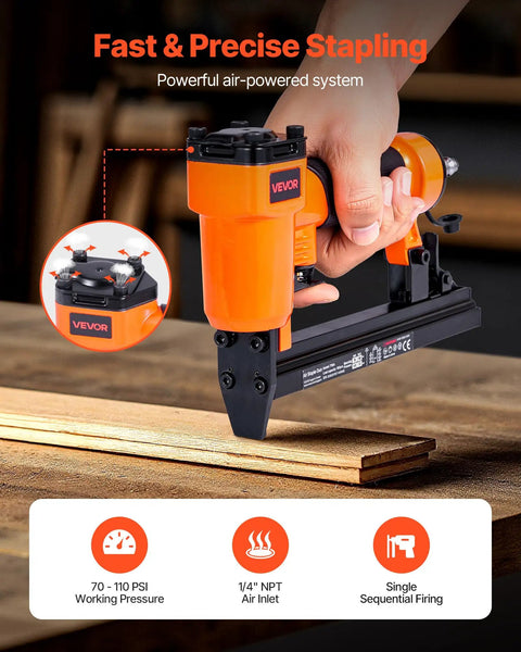 Pro Grade Pneumatic Staple Gun For Woodworking And Upholstering Projects Featuring Slick Firing 22 Gauge Design in action on wooden surface.