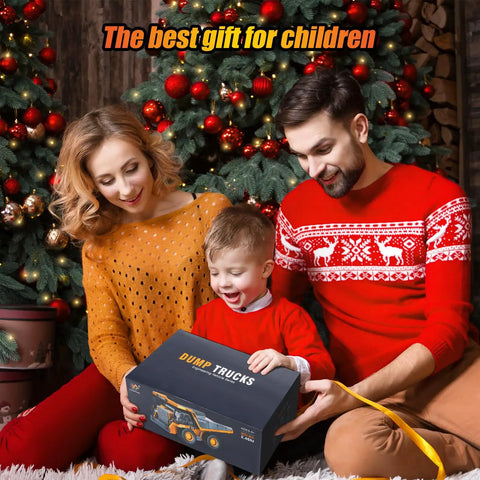 Family with Remote Control Dump Truck With 360 Degree Rotation And Lights Kid Friendly Nine Channel RC Construction Toy gift under Christmas tree.