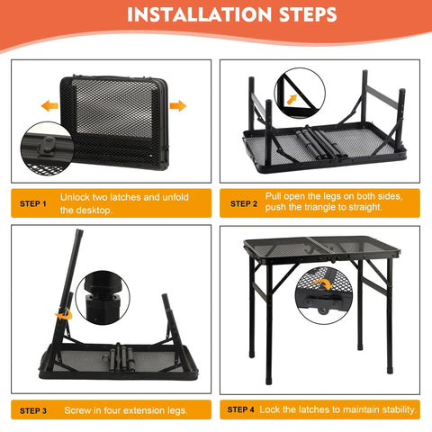 Installation steps for Lightweight Mesh Camping Table With Adjustable Height For Camp Cooking And BBQ Portable Small Folding Metal Outdoor Table