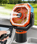 Chill Out On The Links With This Badass Golf Cart Misting Fan Featuring Rechargeable Battery and cup holder mount in use.