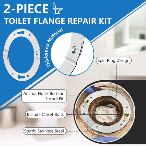 Heavy Duty Stainless Steel Toilet Flange Repair Kit With Extended Closet Bolts For PVC Cast Iron ABS, showing split ring design.