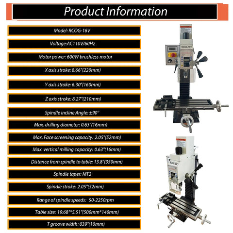 Real Deal 5.5 By 20 Inch Benchtop Mill Drill Press Featuring Hardcore 600W Brushless Spindle with specifications details.