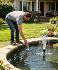 Man adjusting Sun Powered Pond Pump Kit With 1.5W Silent Motor, 200L High Flow Rate in garden fountain system