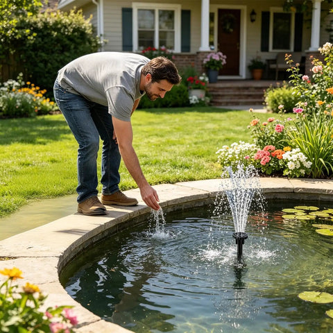 Man adjusting Sun Powered Pond Pump Kit With 1.5W Silent Motor, 200L High Flow Rate in garden fountain system