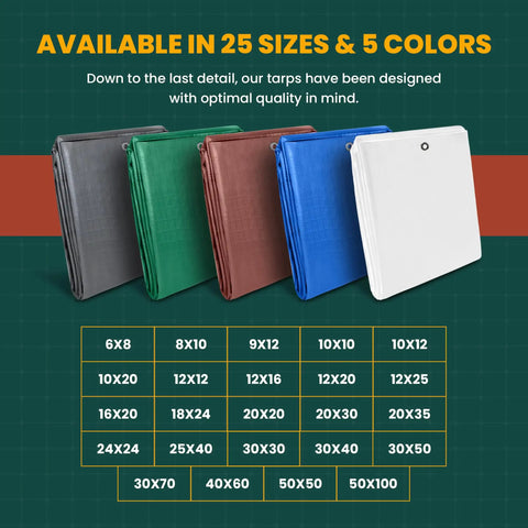 Beefy Heavy Duty 10 Mil Waterproof Tarp For Indoor Outdoor Use, Extra Thick Poly Tarpaulin With Grommets, shown in 5 colors, 25 sizes