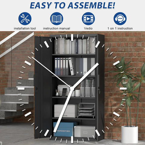 72 Inch Tall Metal Garage Storage Cabinet With Lock, open showing shelves with files and boxes, black, in home office setting