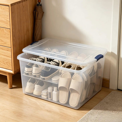 Ginormous 105 Quart Clear Storage Bin With Blue Secure Latch heavy duty plastic tote storing various shoes and slippers.