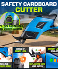 Heavy Duty Cordless Electric Scissors With 12000Rpm High Power Motor For Cutting Cardboard, Fabric, Carpet, Leather And Cloth. Rechargeable Box Cutter Tool Includes Two Safety Blades And Lock For Easy Handling And Light-Duty Wire Rope Trimming, safety features highlighted.