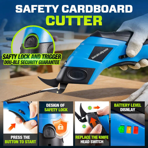 Heavy Duty Cordless Electric Scissors With 12000Rpm High Power Motor For Cutting Cardboard, Fabric, Carpet, Leather And Cloth. Rechargeable Box Cutter Tool Includes Two Safety Blades And Lock For Easy Handling And Light-Duty Wire Rope Trimming, safety features highlighted.