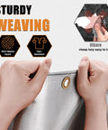 Hands holding a silver tarp showing tear-resistant material and brass grommet on the Beefy 12x20 Ft Waterproof Tarp 16 Mil Heavy Duty Poly Tarp.