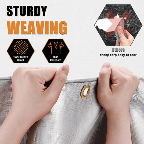 Hands holding a silver tarp showing tear-resistant material and brass grommet on the Beefy 12x20 Ft Waterproof Tarp 16 Mil Heavy Duty Poly Tarp.