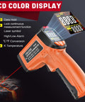 Infrared Thermometer Gun Non Contact Digital Laser Temp Tool Pro Grade With Emissivity Adjustable showing LCD color display