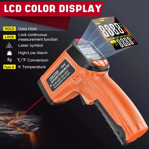 Infrared Thermometer Gun Non Contact Digital Laser Temp Tool Pro Grade With Emissivity Adjustable showing LCD color display