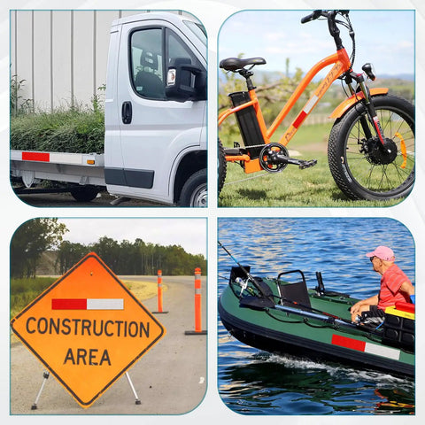 Collage of truck, bike, construction sign, and boat emphasizing visibility with reflective strips.