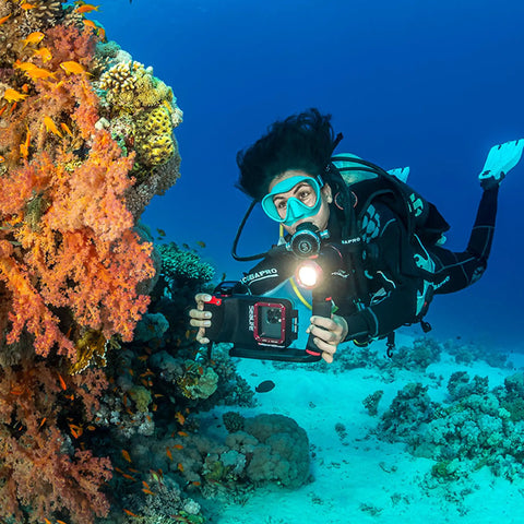Diver using SportDiver Underwater Phone Housing For Depths Up To 130 Feet, Waterproof Case With Easy Camera Access near coral reef