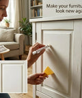 Make Your Furniture Look Spotless Straight Up With Premium White Wood Repair Wax Sticks And Seamless Wood Filler Putty To Hide Scratches Cabinet Gouges Fast DIY Kit in use on a cabinet door.