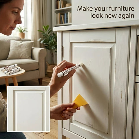 Make Your Furniture Look Spotless Straight Up With Premium White Wood Repair Wax Sticks And Seamless Wood Filler Putty To Hide Scratches Cabinet Gouges Fast DIY Kit in use on a cabinet door.