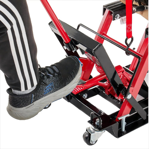 Foot pressing pedal on Motorcycle Lift Jack With Wheels 1500 Lbs Hydraulic Dirt Bike Scissor Lift With Handle And Foot Pedal Pro Grade Jack Stand