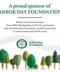 Arbor Day Foundation sponsor banner with green wooden tree shapes and logo on white background.