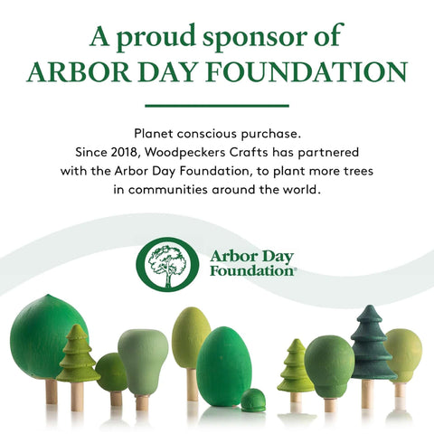 Banner for Arbor Day Foundation sponsorship featuring green circular logo and rows of wooden tree models along the bottom.