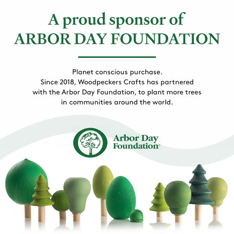Sponsorship announcement of Arbor Day Foundation by Woodpecker Crafts with various green tree illustrations.